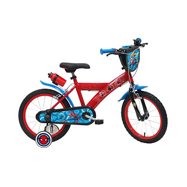 Vélo ATLAS Bicicleta de 16 Pulgadas Spiderman Equipada con 2 Frenos, bidón y portabidones + Placa Delantera Decorativa, Niños