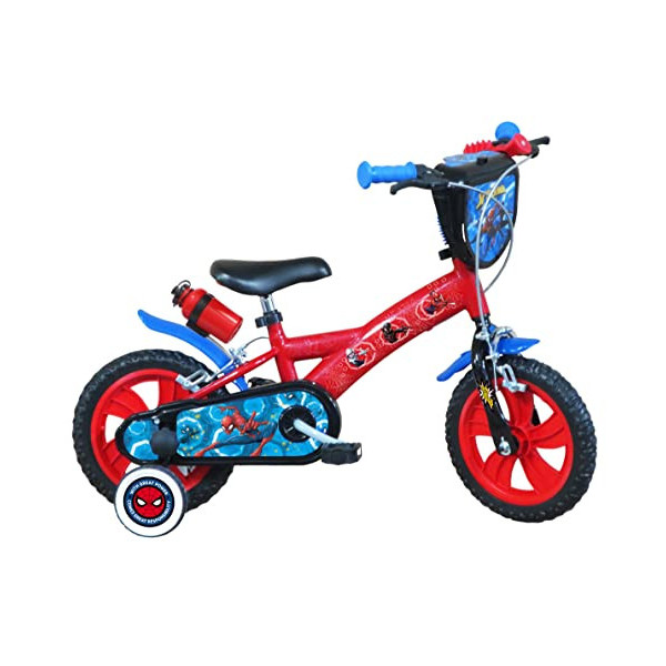 Atlas Bicicleta de 12 Pulgadas Spiderman Equipada con 2 Frenos, Placa Delantera Decorativa, Guardabarros, cárter y estabiliza