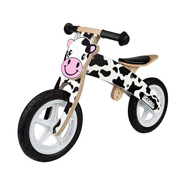 WOOMAX - Bici de Madera sin Pedales, de Vaca, 85x36x53 cm, Asiento Regulable 3 Alturas, Bici Infantil 4 años, Vaca Juguete, B
