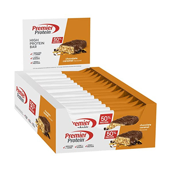 Premier Protein High Protein Bar Chocolate Caramel 16x40g - Alto contenido en proteínas + Sin aceite de palma