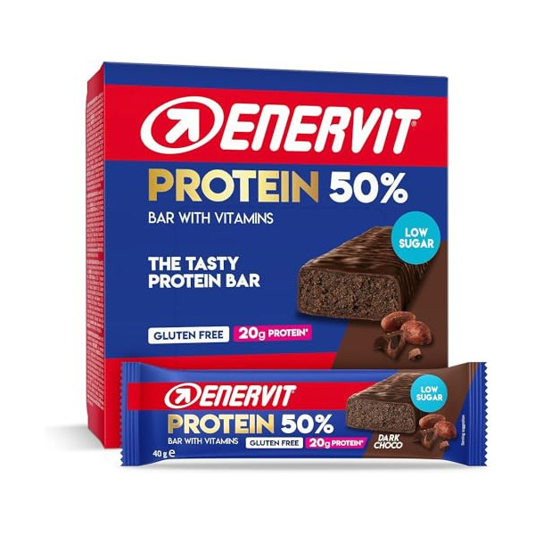 Enervit Barrita Proteica 50% Dark Choco, 20 g Proteína, Vitamina D y Vitamina B6, Sabor a Chocolate Oscuro, Sin Gluten, Bajo 