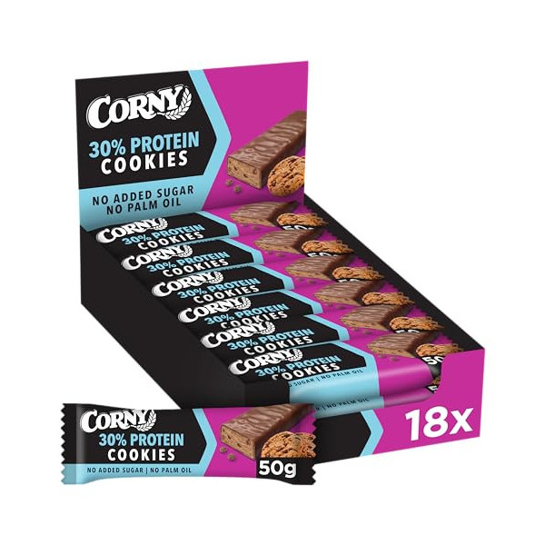 Corny Barritas Proteícas de Chocolate y Cookies con 30% de Proteína y Sin Azúcares Añadidos 18 x 50 gr