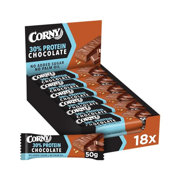 Corny - Protein Chocolate Barritas Proteicas con Chocolate, con 30% de Proteínas, 0% Azúcares Añadidos, Ayudan al Desarrollo 