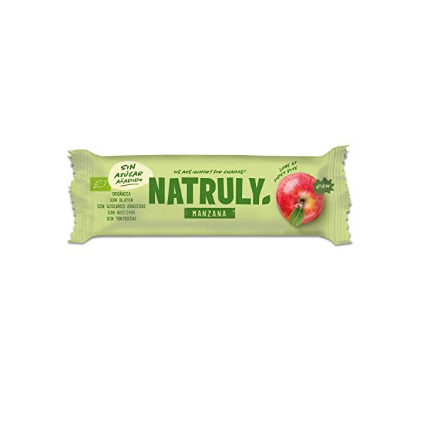 NATRULY Barritas Energéticas BIO Manzana Sin Azúcar Añadido, 100% Natural y Orgánicas, Sin Gluten, Vegana -Pack 24x40g