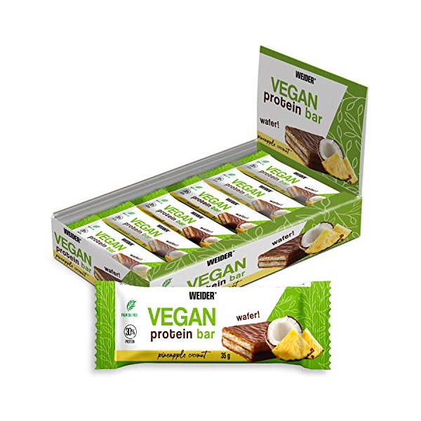 Weider Vegan Protein Bar  12 x 35 g  Sabor Piña-Coco, Barrita de Barquillo Crujiente con 30% Proteína de Guisante y Arroz. 10