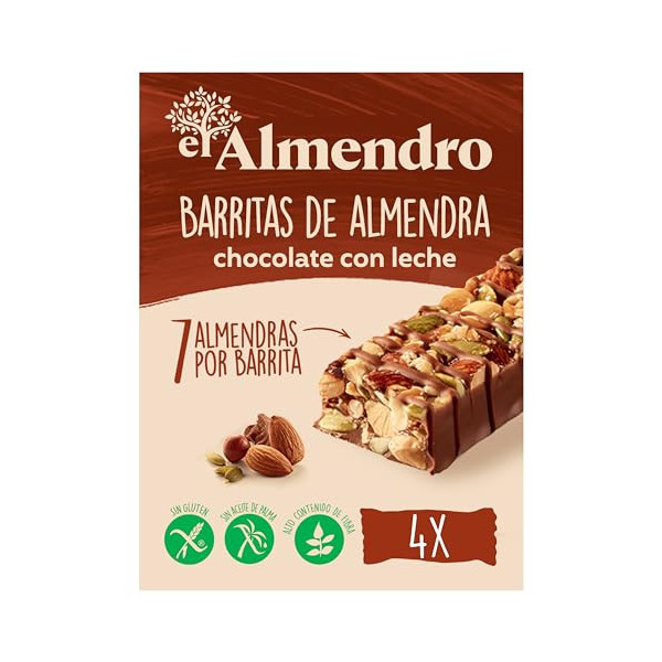 El Almendro, Barritas de Almendra y Chocolate con Leche, Barritas Energeticas, 4 porciones de 25 Gramos, 100 Gramos