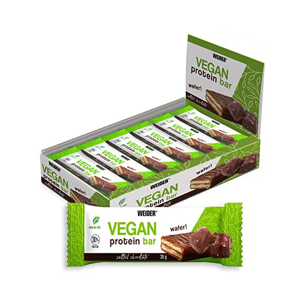 Weider Vegan Protein Bar  12 x 35 g  Sabor Chocolate al toque de Sal, Barrita de Barquillo Crujiente con 30% Proteína Guisant