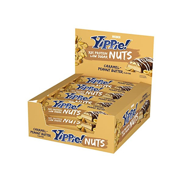Weider Yippie Nuts Barrita proteica, caramelo-mantequilla de cacahuete, 12 barritas x 45 g, con auténticas nueces