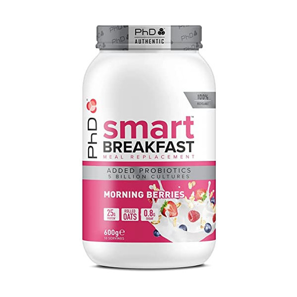 PhD SMART BEAKFAST Batido Nutritivo de Proteína Sustitutivo de Comidas y Desayunos, 600 g  10 porciones  Sabor Frutos Rojos